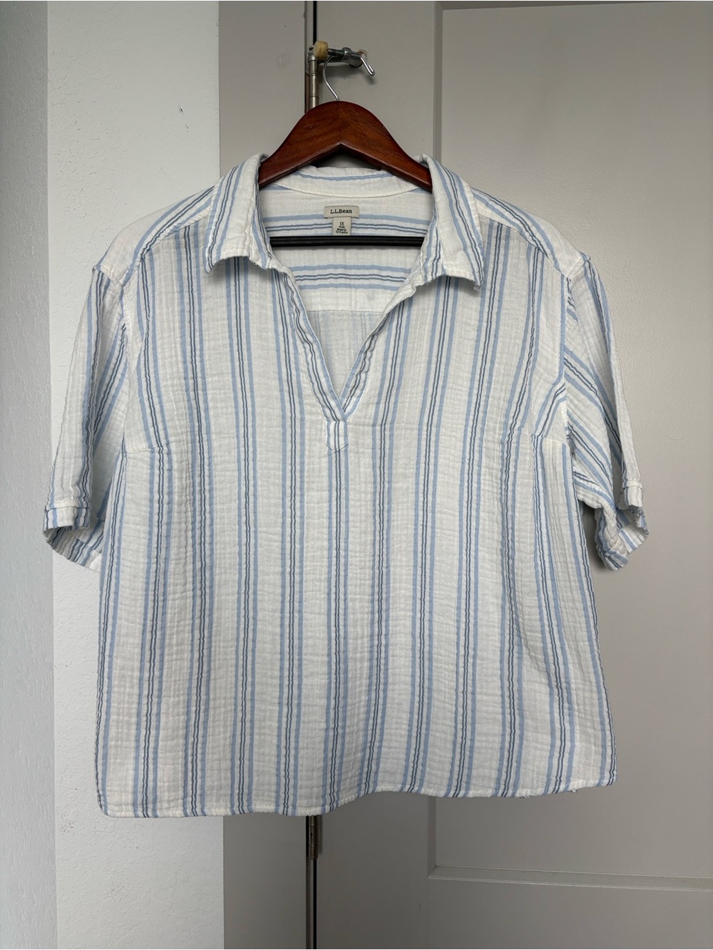 LL BEAN WHITE BLUE STRIPED COTTON GAUZE POPOVER VNECK COLLAR TOP WOMENS 1X